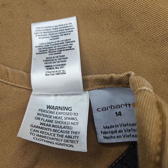 Carhartt Youth Duck Bib Overalls Insulated Double Knee Brown Tan Utility 14 Line - Picture 12 of 14